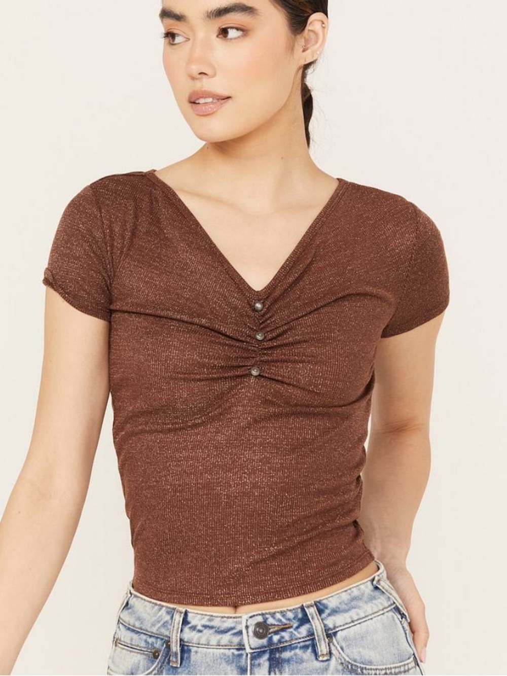 Shyanne Rust Copper Metallic Ruched Henley Western Top Size Medium